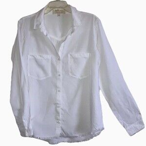CLOTH AND STONE ANTHROPOLOGIE M White Tencel Button Blouse Top Fray Hem
